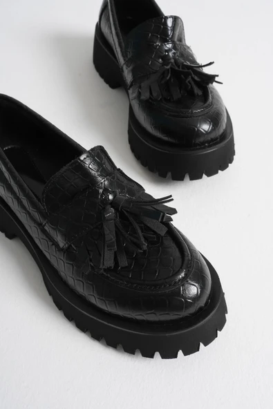 Mina Kadın Günlük Siyah Kroko Baskılı Loafer Ayakkabı - 5