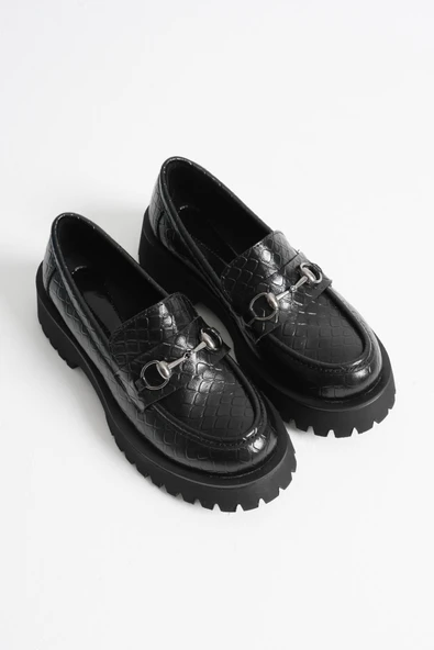 Lara Toka Detaylı Siyah Kroko Baskılı Günlük Loafer Ayakkabı - 5