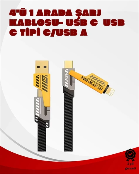 Dönüştürülebilir 4 Başlıklı Hızlı Şarj Kablosu – 1.2m, 65W, Dayanıklı ve Esnek Tasarım ürün görseli 1