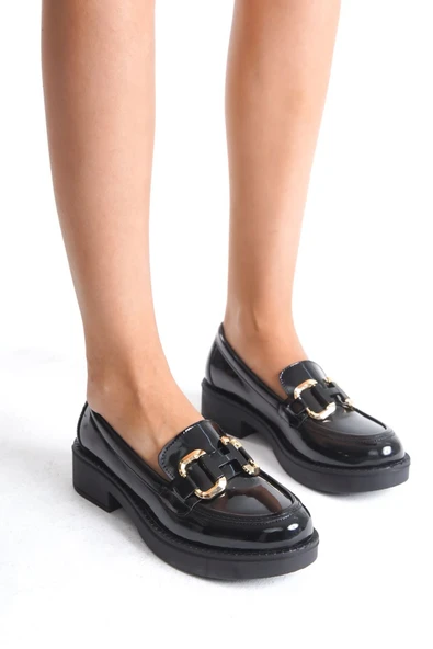 Caro Rugan Siyah Gold Tokalı Kadın Loafer - 7
