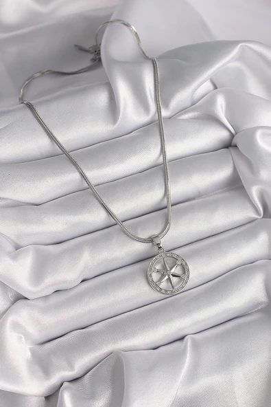 316L Çelik Gümüş Renk İtalyan Zincir Zirkon Taşlı Kutup Yıldız Model Kadın Kolye - TJ-BKO9594 - Resim 2