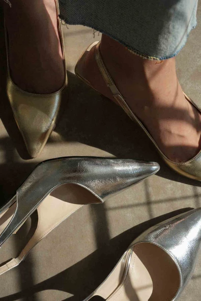 Angelica Kadın Gümüş Kırışık Rugan Topuklu Ayakkabı - Resim 8