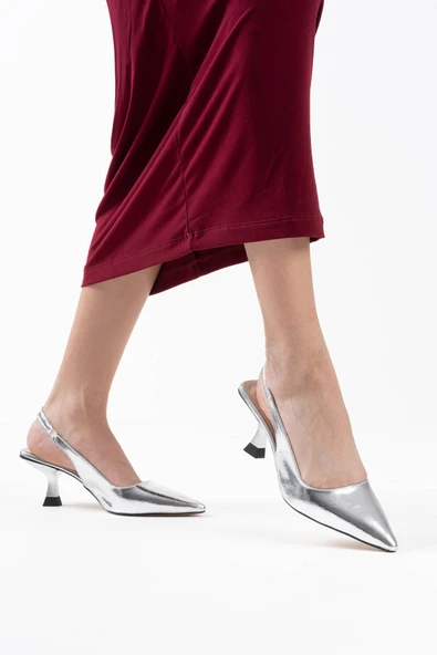 Angelica Kadın Gümüş Kırışık Rugan Topuklu Ayakkabı - Resim 5