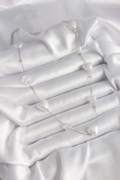 Pirinç Gümüş Renk Beyaz İnci Kalp Model Kadın Kolye - TJ-BKO9624 - Resim 2