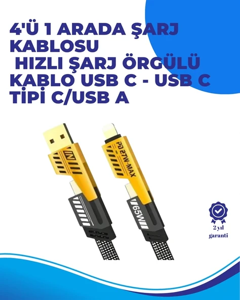 65W 4'ü 1 Arada Çoklu Şarj Kablosu – USB-C, USB-A, Lightning, Veri ve Şarj Desteği ürün görseli