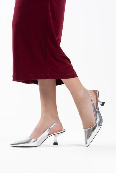 Angelica Kadın Gümüş Kırışık Rugan Topuklu Ayakkabı - Resim 3
