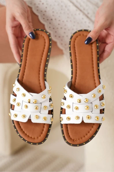 Loose Beyaz Hakiki Deri Terlik - Resim 4