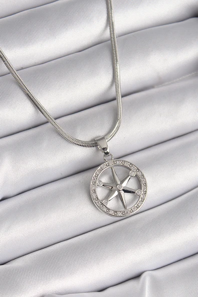 316L Çelik Gümüş Renk İtalyan Zincir Zirkon Taşlı Kutup Yıldız Model Kadın Kolye - TJ-BKO9594 ürün görseli 1