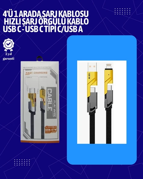 USB-C ve Lightning Uyumlu 4'ü 1 Arada Kablo – 65W Hızlı Şarj, Örgülü Dayanıklı Yapı ürün görseli 1