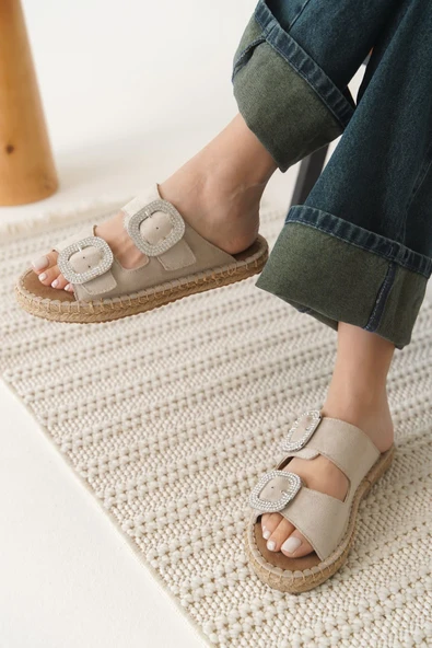 Tyna Süet Bej Taşlı Kadın Terlik - Resim 9