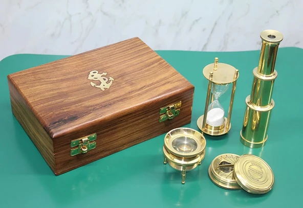 MDB Ahşap Kutulu Dürbün, Kum Saati, Büyüteç, Pusula Seti ürün görseli 1