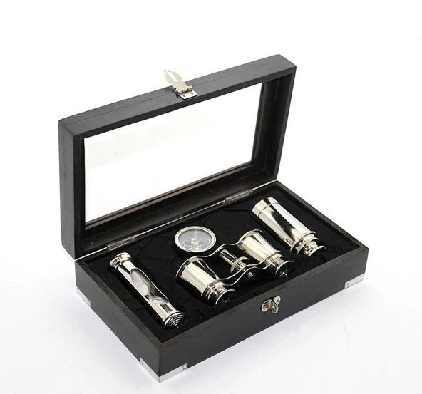 MDB Ahşap Kutulu Pirinç Dürbün Pusula Ve Kum Saati Seti ürün görseli 1