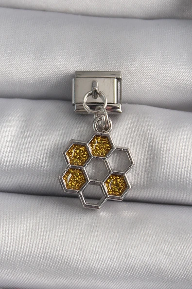 316L Çelik Gümüş Renk Sallantı Simli Bal Beteği Model Nomination Charm - TJ-BC1158 - 1