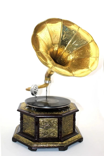 MDB Ahşap Sekizgen Gramofon Taş  Plak Çalar Metal Kaplamalı ürün görseli 1