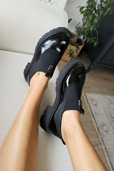 OPS 022 20810 Topukla Kadın Bağcıklı Hakiki DeriSiyah Streç Ayakkabı ürün görseli