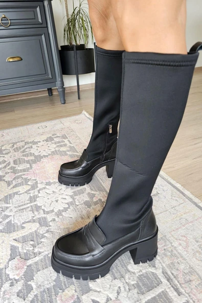 OPS 022 2420 Topukla Kadın Streç Hakiki Deri Kalın Topuklu Fermuarlı Çizme - 4