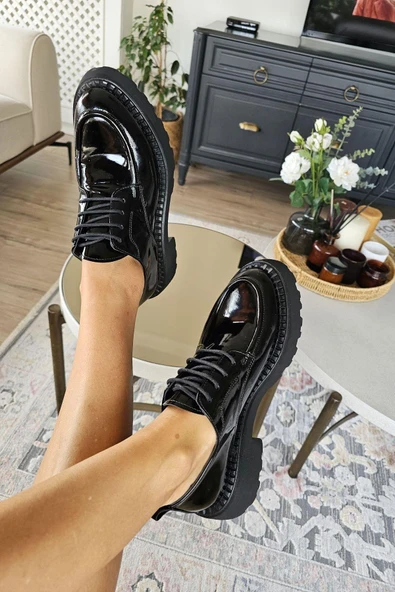 OPS 022 20793 Topukla Kadın Düz Taban Bağcıklı Siyah Hakiki Deri Streç Ayakkabı - Resim 3