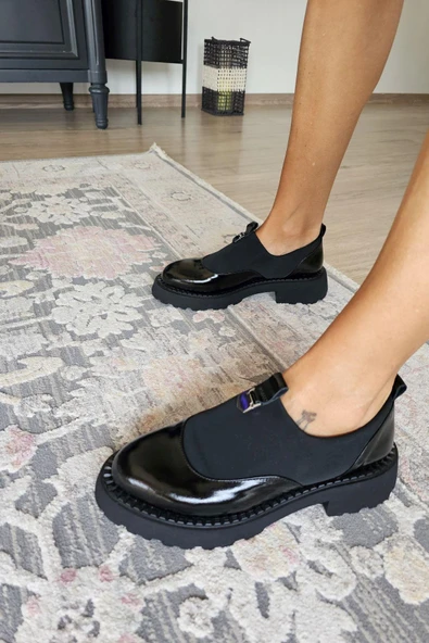 OPS 022 20810 Topukla Kadın Bağcıklı Hakiki DeriSiyah Streç Ayakkabı - Resim 2