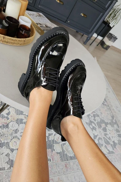 OPS 022 20793 Topukla Kadın Düz Taban Bağcıklı Siyah Hakiki Deri Streç Ayakkabı - Resim 4