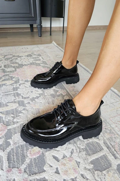 OPS 022 20793 Topukla Kadın Düz Taban Bağcıklı Siyah Hakiki Deri Streç Ayakkabı - Resim 2