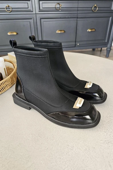 OPS 022 3038 Topukla Kadın Düz Taban Siyah Hakiki Deri Streç Bot - Resim 5