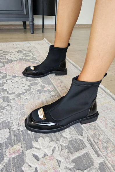 OPS 022 3038 Topukla Kadın Düz Taban Siyah Hakiki Deri Streç Bot - Resim 2