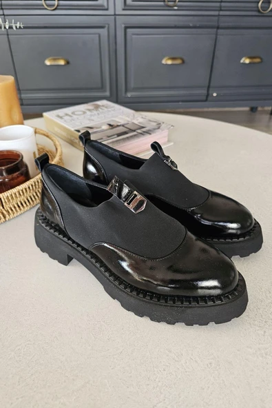 OPS 022 20810 Topukla Kadın Bağcıklı Hakiki DeriSiyah Streç Ayakkabı - Resim 5