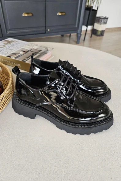 OPS 022 20793 Topukla Kadın Düz Taban Bağcıklı Siyah Hakiki Deri Streç Ayakkabı - Resim 5