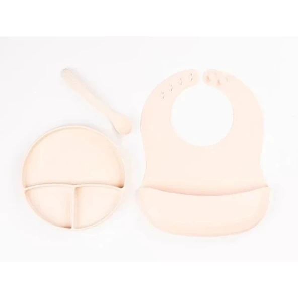 MDB Krem Rengi 3’lü Silikon Yemek Seti – Önlük + Diş Kaşıyıcılı Kaşık + Vakumlu Tabak ürün görseli 1