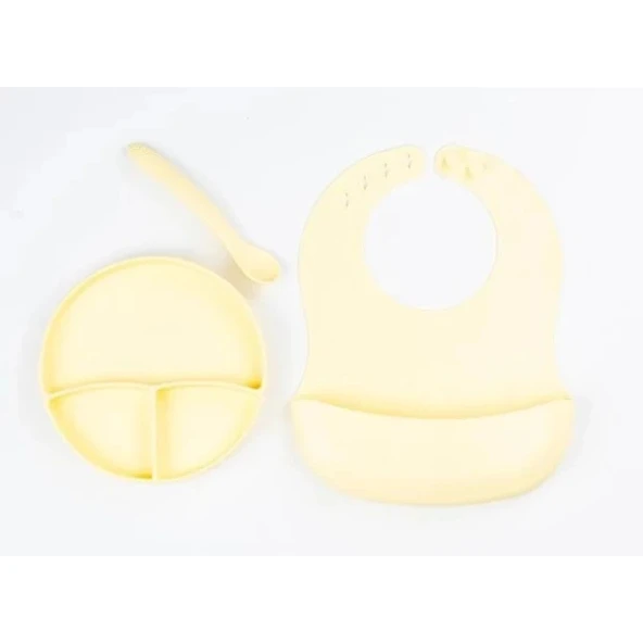 MDB Sarı 3’lü Silikon Yemek Seti – Önlük + Diş Kaşıyıcılı Kaşık + Vakumlu Tabak ürün görseli 1