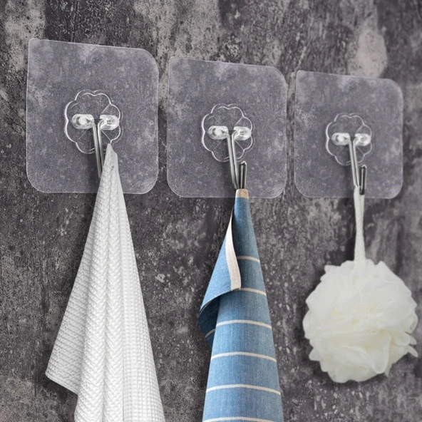 Süper Güçlü Yapışkanlı Suya Dayanıklı Şeffaf Askı 5li Set Yeniden Kullanılabilir Kancalar (5250) - Resim 3