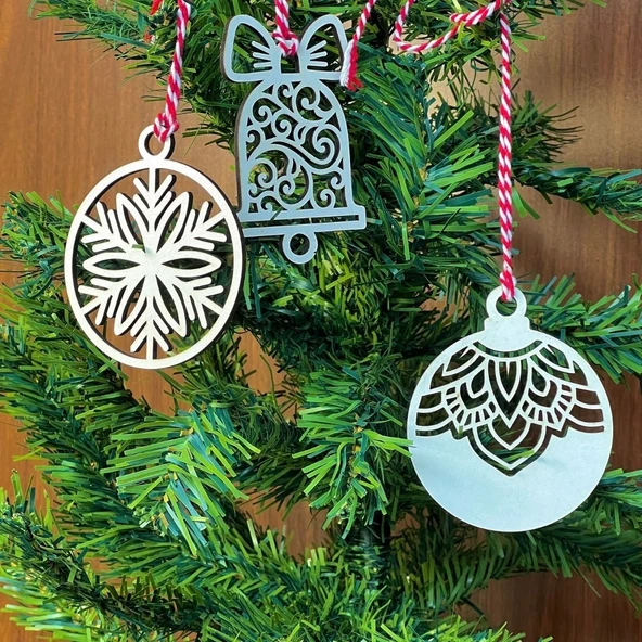 10 Parça Kırmızı Beyaz İpli Karışık Model Ahşap Yılbaşı Ağaç Süsü (5250) - 2