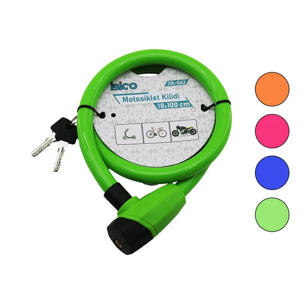 ANAHTARLI KALIN MOTOR - BİSİKLET KİLİT ÇELİK TEL RENKLİ KILIF 18MMX100CM (5250)