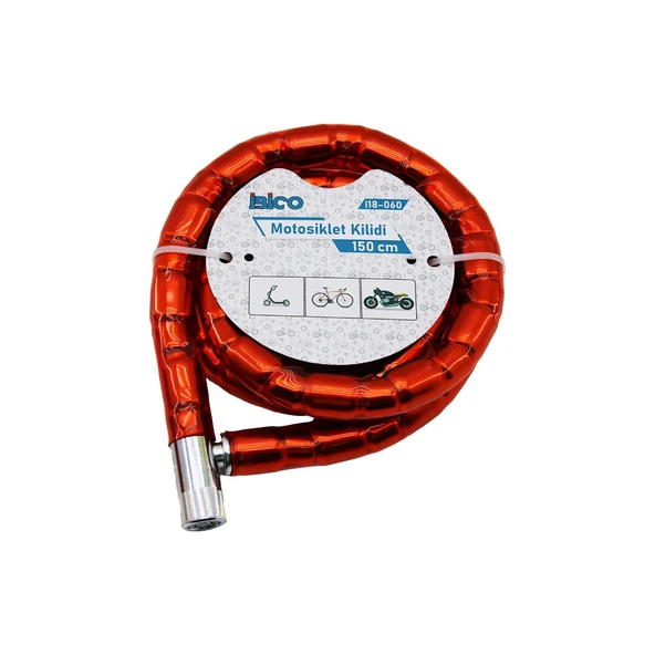 TÜP ANAHTARLI METAL KAFA ÇELİK MOTOR - BİSİKLET KİLİT SİLİNDİRİK SPİRAL KİLİT KIRMIZI KILIF22MM X 150CM (5250)