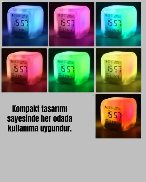 Kronometre ve Takvim Destekli Renk Değiştiren LED Dijital Küp Saat - 2