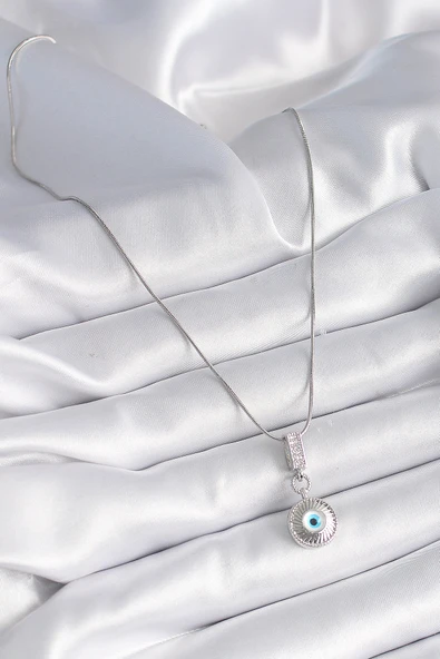 316L Çelik Gümüş Renk Zirkon Taşlı Nazar Boncuk Model Kadın Kolye - TJ-BKO9523 - Resim 2