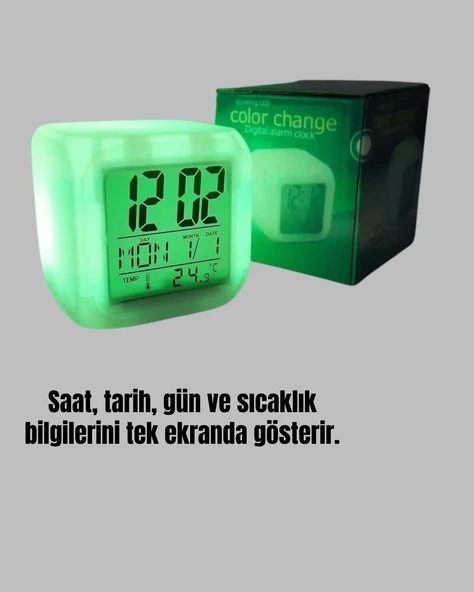 Termometre ve Takvim Özellikli 7 Renk Değiştiren Küp Alarm Saati - 3