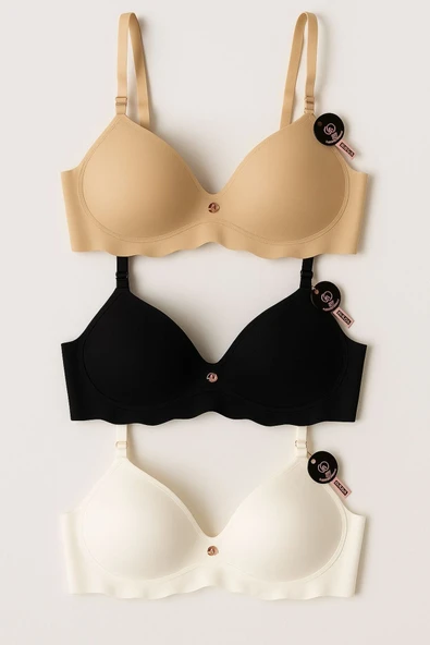 Lazer Kesim Hafif Destekli Sütyen 3’lü Set – Ekru, Siyah, Ten Rengi ürün görseli