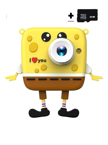 Sünger Bob Tasarımlı Çocuk Dijital Fotoğraf Makinesi | 32 GB Kartlı, Çift Kameralı, 40 MP, 1080P - 1