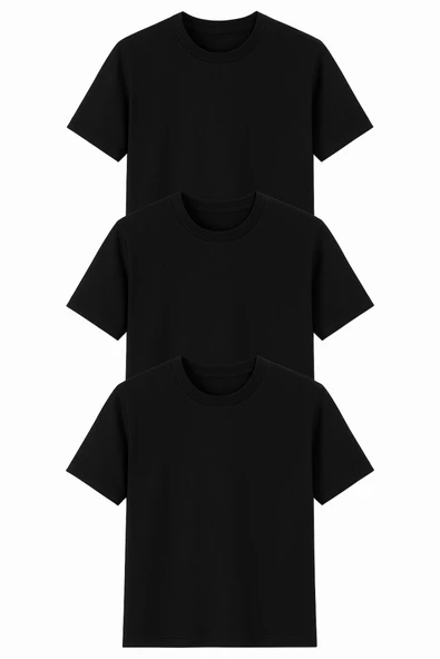 Erkek Pamuklu Basic Siyah T-shirt 3'lü Set - Resim 2