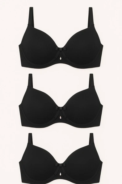 Dolgulu Balenli Fiyonklu Siyah Sütyen 3’lü Set – Şık ve Rahat - Resim 4