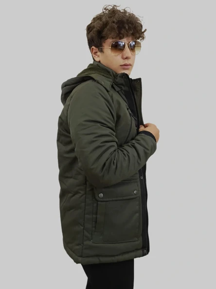 Erkek Kışlık Çıkma Kapüşonlu Haki Kaban Parka - Resim 2