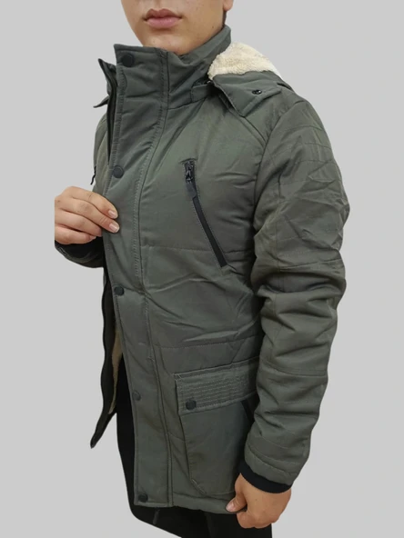 Erkek Kışlık Çıkma Kapüşonlu Haki Kaban Parka - Resim 4