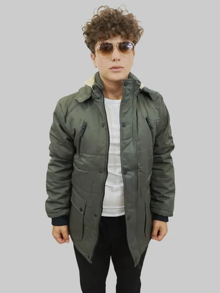 Erkek Çıkma Kapüşonlu İçi Kürklü Kanvas Haki Parka Kaban