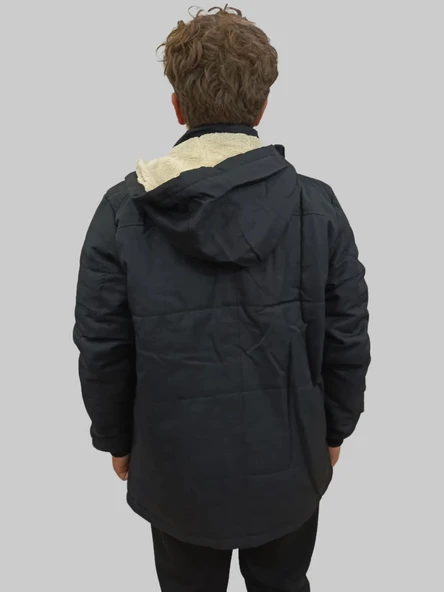 Erkek Çıkma Kapüşonlu İçi Kürklü Kanvas Siyah Parka Kaban - Resim 6