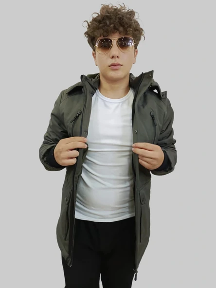 Erkek Kışlık Çıkma Kapüşonlu Koyu Yeşil Kaban Parka - Resim 4