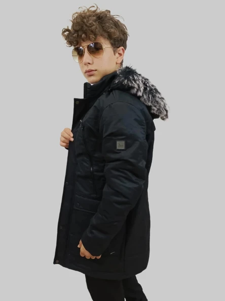 Erkek Kürklü Çıkma Kapüşonlu İçi Kürklü Kanvas Siyah Parka Kaban - 3