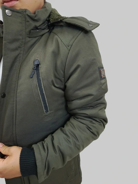 Erkek Kışlık Çıkma Kapüşonlu Haki Kaban Parka - Resim 8