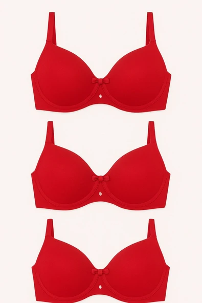 Dolgulu Balenli Fiyonklu Kırmızı Sütyen 3’lü Set – Şık ve Rahat - Resim 2