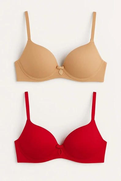 Dolgulu Balenli Fiyonklu Sütyen 2’li Set,Kırmızı,Ten – Şık ve Rahat ürün görseli